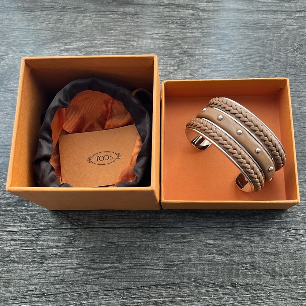 Authentic TOD’S Cuff Bracelet ~ in Light Brown Leather W/ Studded